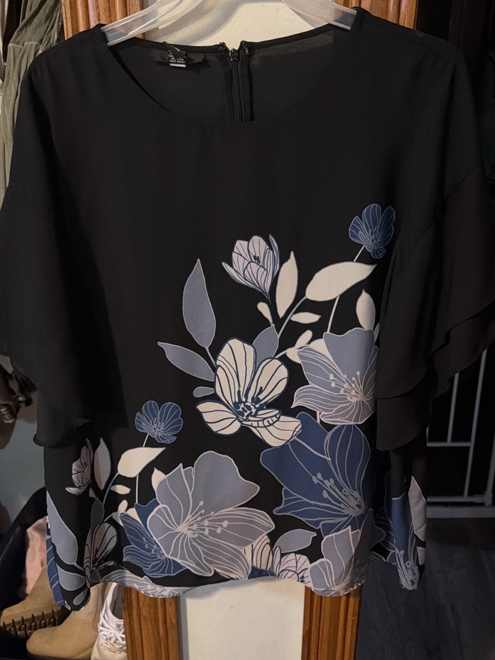 Macy's Black Long-Sleeve Dress with Blue and Cream Floral Print